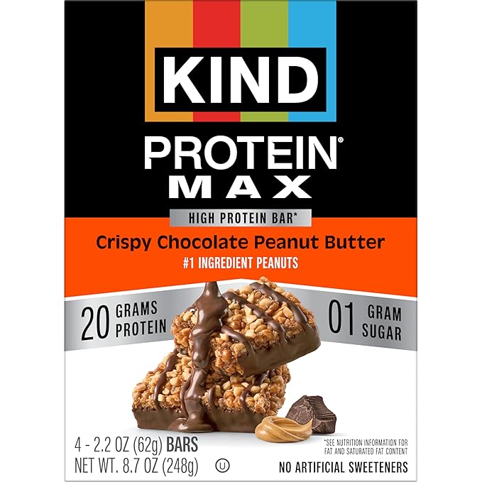 KIND Protein MAX Crispy Chocolate Peanut Butter Snack Bars, 20g of Protein, Keto Friendly, 1g of Sugar Per Bar, Gluten Free, 4 Count Box
