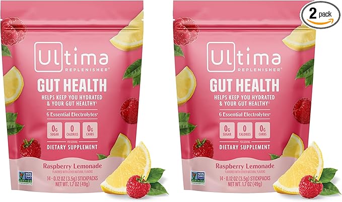 Ultima Replenisher Gut Health Supplement and Electrolytes Powder - Raspberry Lemonade, 14 Stickpacks - Hydration Packets with Added Gut Health Benefits (Pack of 2)