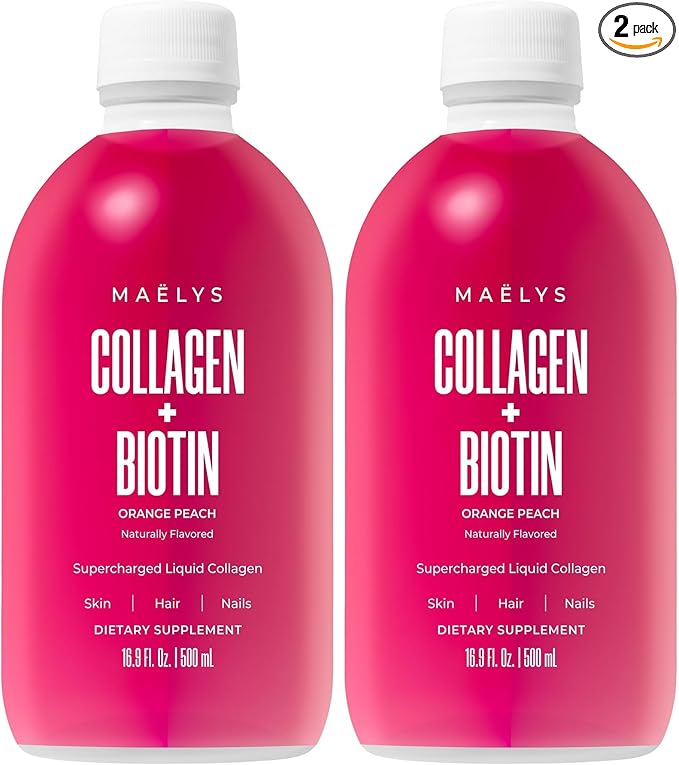 MAËLYS Super Charged Liquid Collagen for Women - Collagen Peptides Supplement with Biotin for Hair, Skin and Nails - Orange Peach (Pack of 2)