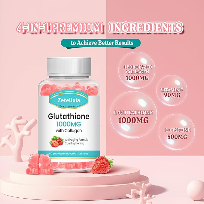 Glutathione Collagen Gummies, Collagen Gummies with Vitamin C, Glutathione Supplement for Women, Hair Skin Nails Muscle & Joint, Anti-Aging, Vegan, Sugar Free, Strawberry Flavor, 60 Count