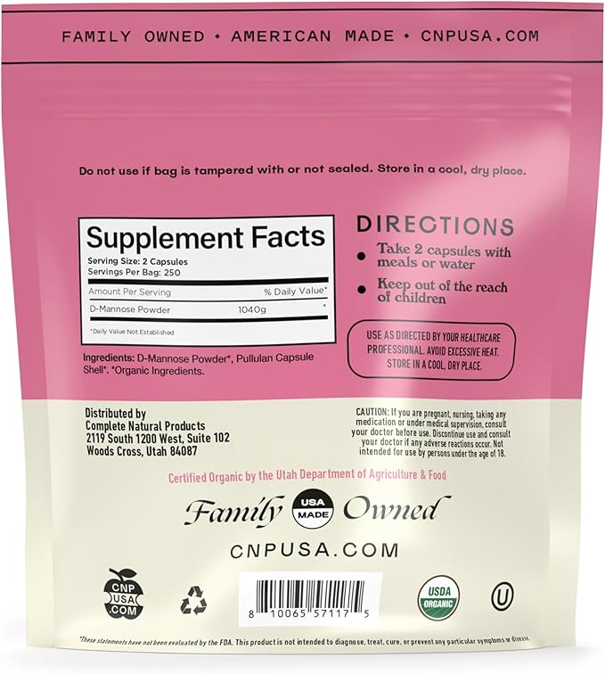 D Mannose 520mg Capsules - Organic D Mannose Supplement for UT Support, Urinary Tract Bladder Health Pills, Plant Based Formula, Vegan Non GMO, No Fillers, 500 Capsule Count Made USA Certified Kosher