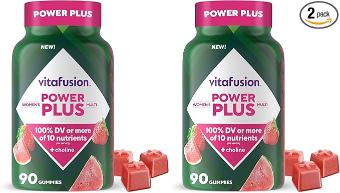 Vitafusion Power Plus Women’s Multivitamin Gummies,100% Daily Value or More of 10Nutrients,HelpsSupport Nerve,Energy Metabolism,Bone & Immune Health,Strawberry & Watermelon Flavor,90 Count (Pack of 2)