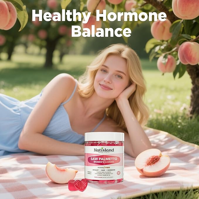 Saw Palmetto for Women Gummies, Organic Saw Palmetto with Pumpkin Seed Oil for Hair Growth, DHT Blocker & Urinary Health, Sugar Free, Vegan, Peach Flavor, 60 Chewable