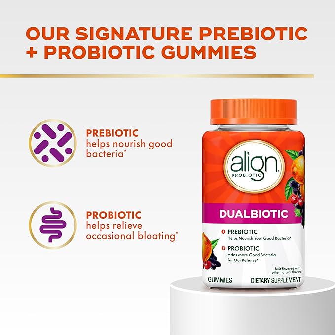Align Dualbiotic, Prebiotics and Probiotics for Women and Men, Probiotics for Digestive Health, Prebiotics Help Nourish Good Bacteria, Natural Fruit Flavors, 60 Probiotic Gummies