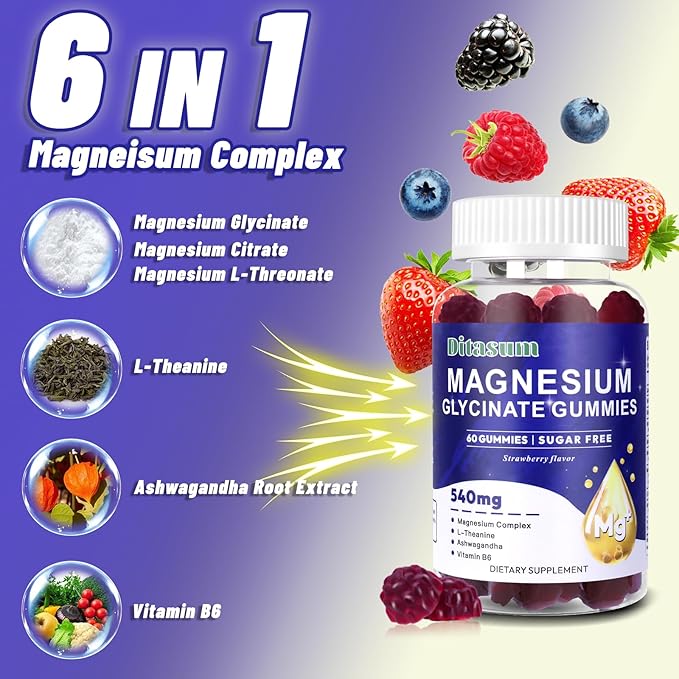 Magnesium Glycinate Gummies with L-Threonate, Vitamin B6, Ashwagandha 540mg per Serving, Sugar Free, Vegan, Relaxation & Nighttime Support, Strawberry Flavor, 60 Gummies