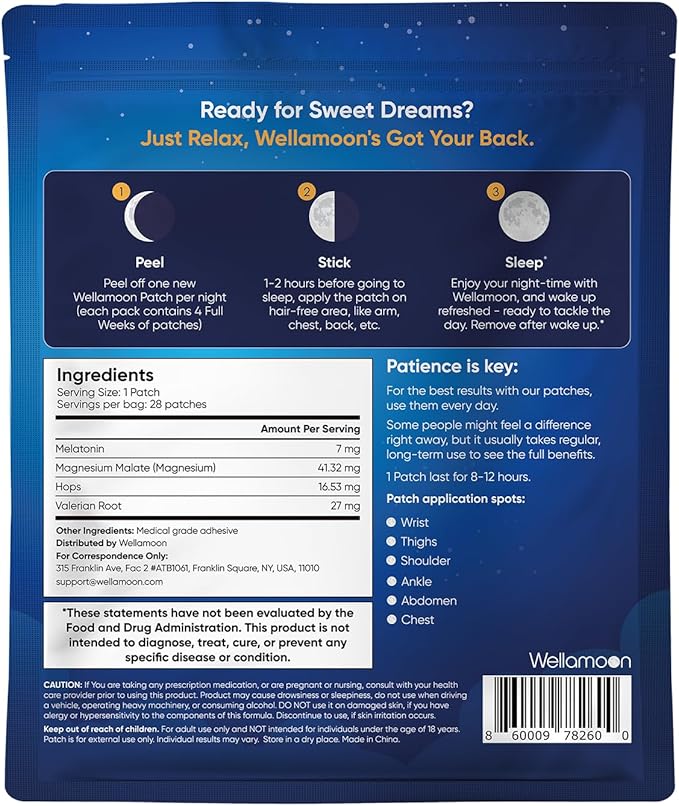 Wellamoon Original Sleep Patches for Adults Extra Strength | Easy-to-Apply Sleep Patch with Melatonin & Valerian | Relax & Wake Up Refreshed | Long-Lasting Night Comfort for Men & Women | 28 Patches