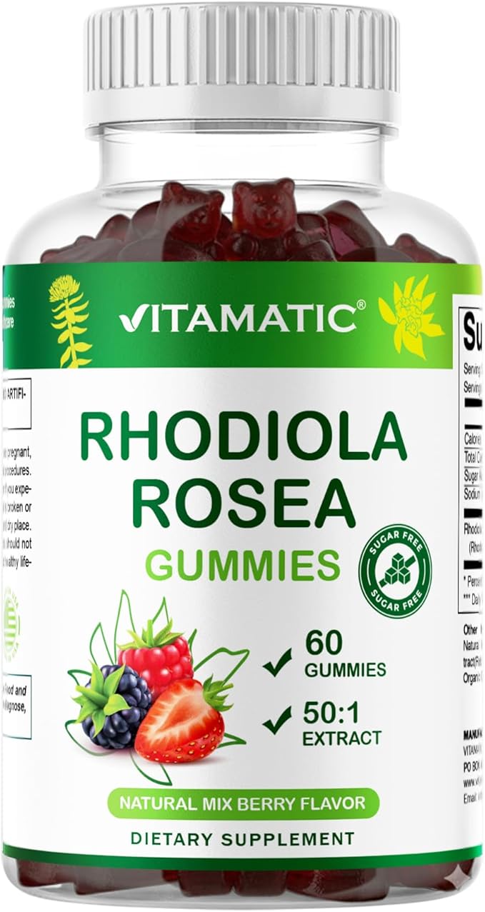 Vitamatic Rhodiola Rosea Gummies – Sugar-Free Plant-Based Extract – Mixed Berry Flavor – Vegan, Non-GMO – Adaptogen Supplement Gummies – 60 Count