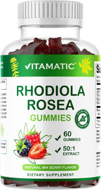Vitamatic Rhodiola Rosea Gummies – Sugar-Free Plant-Based Extract – Mixed Berry Flavor – Vegan, Non-GMO – Adaptogen Supplement Gummies – 60 Count