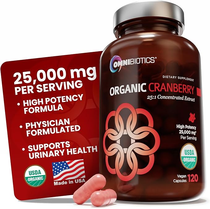 OmniBiotics USDA Organic Cranberry Pills for Women - High Potency 25,000 mg Supplement with 25:1 Fruit Extract - Daily Urinary Tract Support - 120 Vegan Capsules