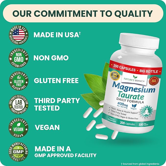 Magnesium Taurate 400mg | High Absorption | 200 Capsules for Sleep, Heart Health, Calm, Joint Supplement for Women and Men | Pure Elemental Mag Powder Plus Taurine - Extra Strength Pills