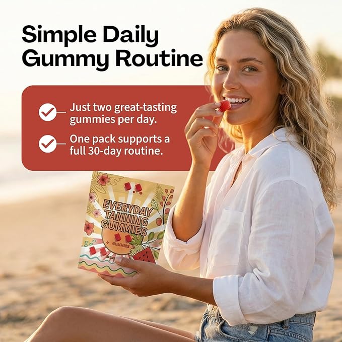 Daily Tanning Gummies – Natural Sunless Tanning for Women with Astaxanthin, Lycopene & Beta Carotene – Antioxidant Rich, Boosts Melanin – Watermelon Flavor – 60 Chewables