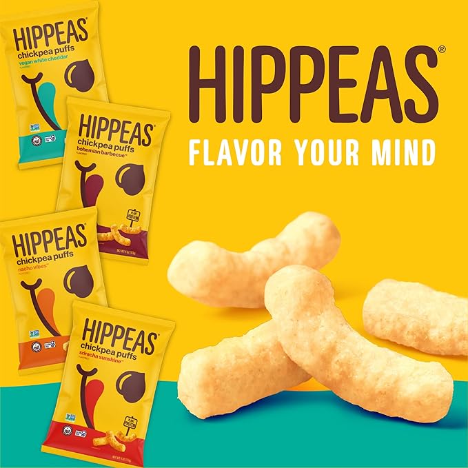 HIPPEAS Chickpea Puffs, Cheezy Vibes, Gluten Free Snacks, Dairy Free, Vegan, 0.8oz, Pack of 18, 3g Protein, 2g Fiber, Crunchy, Nutritious, Baked Plant Protein Snack, Non-GMO, Kosher