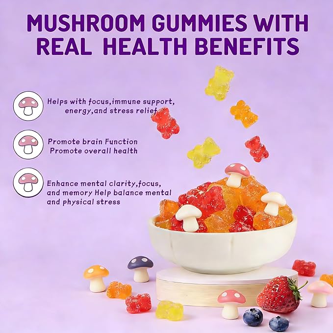 Mushroom Gummies, Organic & Functional Mushroom Gummies, Glow Fare Mushroom Gummies, Supplement for ImmuneDefense, Immune, Boosts Cognitive Performance and Energy, 80 Gummies (1PCS)