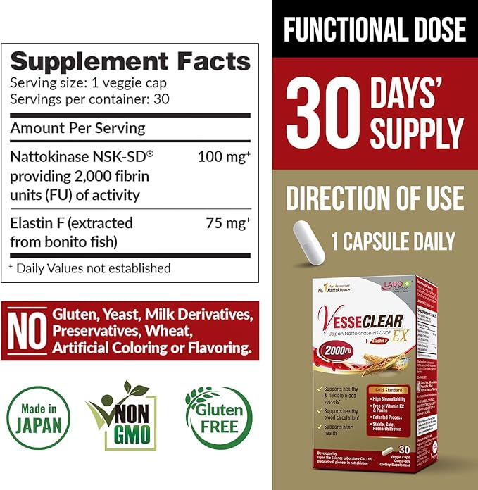 LABO Nutrition VesseCLEAR EX: Nattokinase NSK-SD+Elastin F for Clean & Flexible Blood Vessel. Japan's Most Research Proven, Functional Dose, Acid-Resistant/Delayed Release Capsules