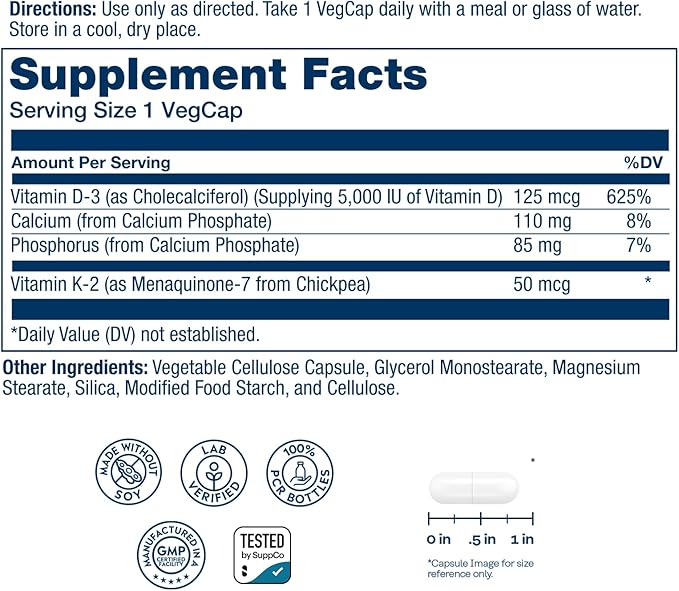 SOLARAY Vitamin D3 K2 - Bone Health and Immune Support Supplement - With 5000 IU Vitamin D as Vit D3 and 50 mcg Vitamin K2 as Menoquinone MK7, Made Without Soy, 60-Day Guarantee, 120 Serv, 120 VegCaps