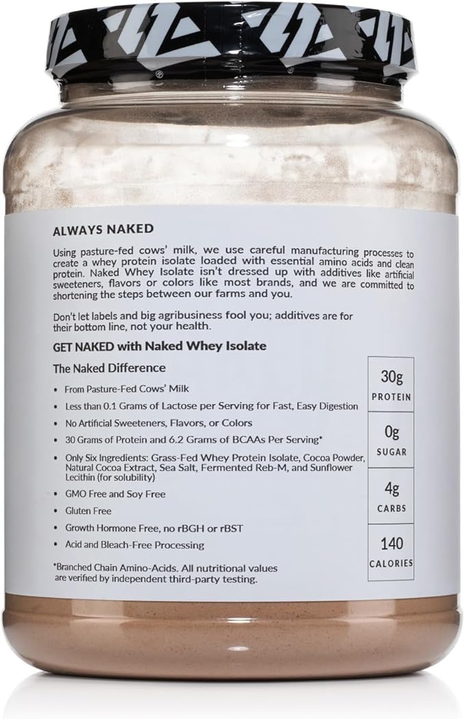 NAKED Chocolate Whey Isolate Protein - Only 6 Ingredients, 30g Grass-Fed Protein, Undenatured, No GMO, No Soy, Gluten-Free, No Preservatives - 24 Servings