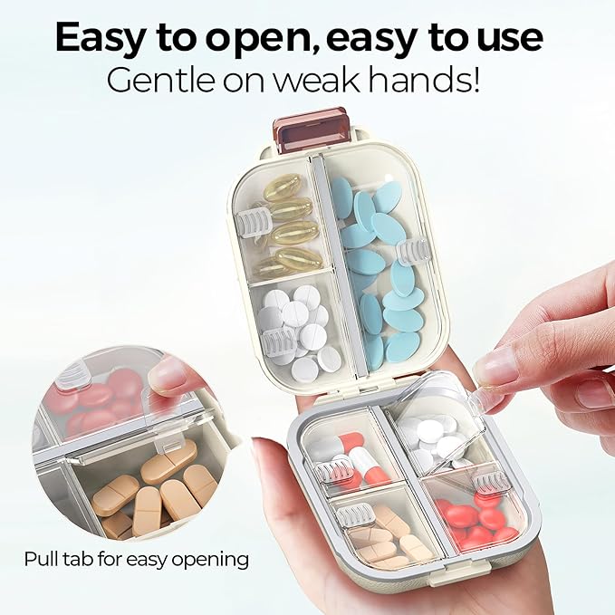 7 Compartments Travel Pill Organizer, Foldable Portable Airtight Daily Pill Box, Compact Pill Case for Purse & Pocket, BPA-Free Medicine Organizer for Vitamins Fish Oil Supplements (White)