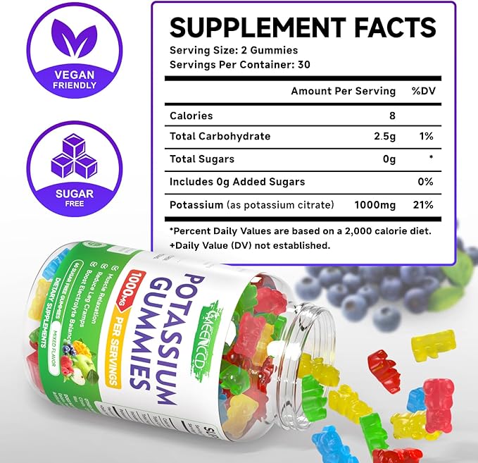 Potassium Citrate Gummies, High Potency Potassium Supplement for Adults Women & Men, Support Leg Cramps & Muscle Health, Sugar-Free, Mixfed Fruit Flavor, 60 Count
