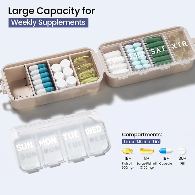 NEW Foldable Weekly Pill Organizer with Extra Grid, Portable 7 Day Pill Box Once / 1 Time a Day, Week Daily Medicine Organizer - Large Travel Pill Case Holder Dispenser for Vitamin, Supplement-Khaki