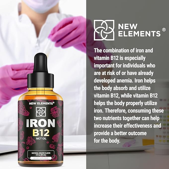 New Elements Liquid Iron Supplement for Women & Men with Vitamin B12 5000mcg - Free Blood Builder for Anemia - Liquid Vitamin B12 Drops for Adults with MCT Oil, Natural Grape Flavor, 2 Fl Oz