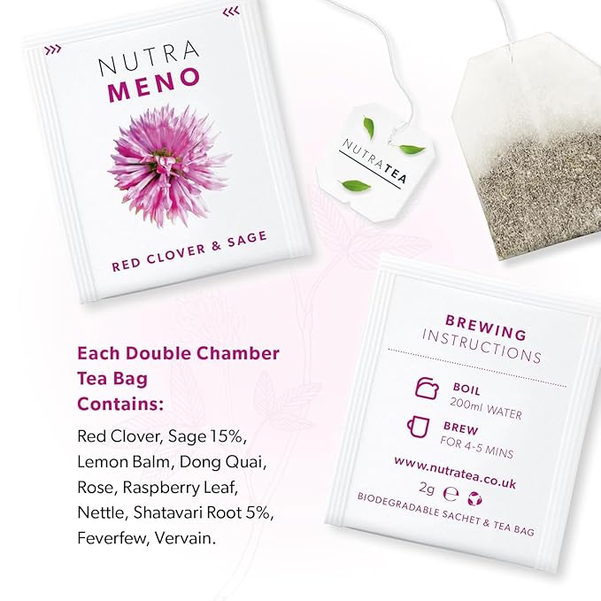 Nutra Tea NutraMeno - Menopause Tea, Red Clover Tea - Perimenopause & Menopause Relief For Women - Includes Red Clover, Sage & Rose - 120 Individually Wrapped Bags - Herbal Infusion (6 Pack)