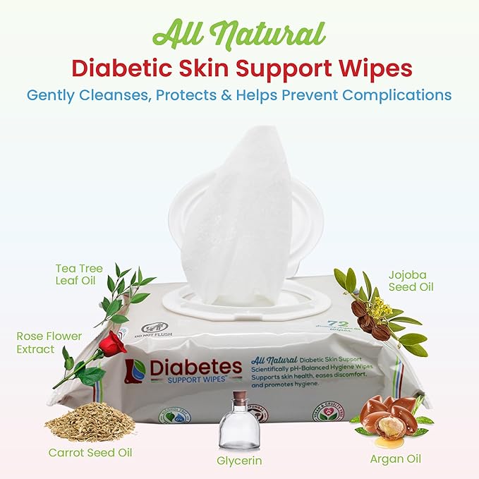 Diabetes Support Wipes® - All-Natural pH-Specific Foot & Body Wipes for Diabetics, Soothes Dry, Itchy & Irritated Skin, Relieves Neuropathy Pain, Supports Healing, Helps Prevent Complications - 72ct