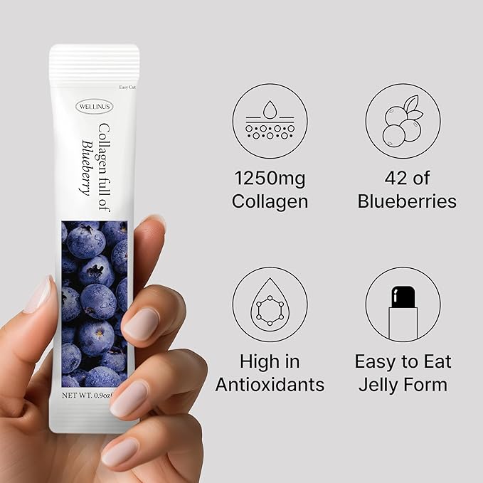 Korean Collagen Jelly Sticks - 25 Blueberry Flavored Marine Collagen Peptide Snacks for Anti-Aging- Collagen Protein Sugar-Free, Travel Packs for Hair & Nail Strength