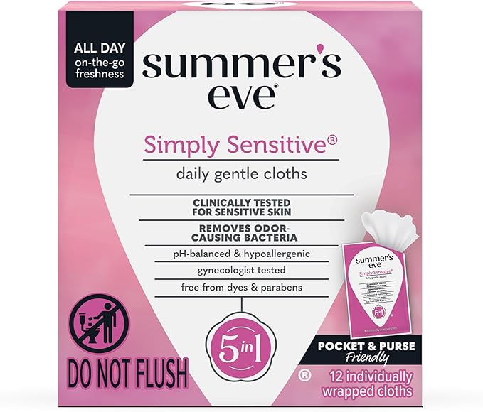 Summer's Eve Simply Sensitive Feminine Wipes, Gentle pH-Balanced Micellar Water Based Formula Helps Control Vaginal Odor, Individually Wrapped Wipes, 12 Count