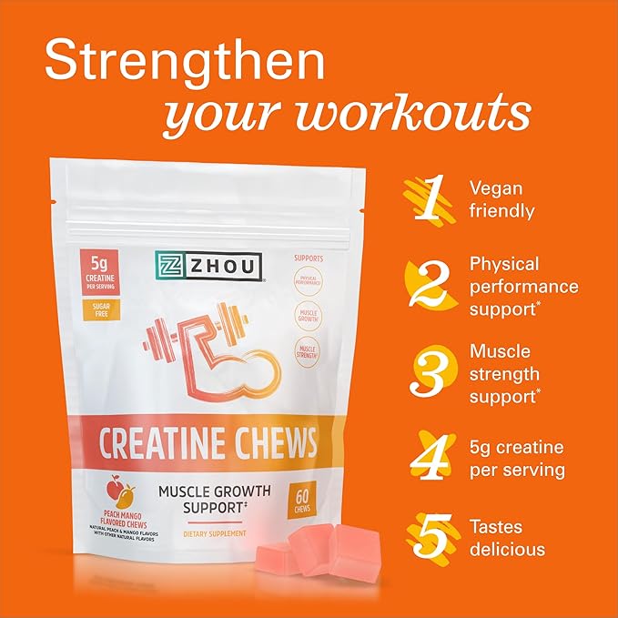 ZHOU Creatine Chews - Creatine Monohydrate Gummies for Men & Women with Vitamin B12, Sugar Free, Vegan, Organic, Non GMO, 5g Per Serving - Peach Mango Flavor, 20 Servings, 60 Chews