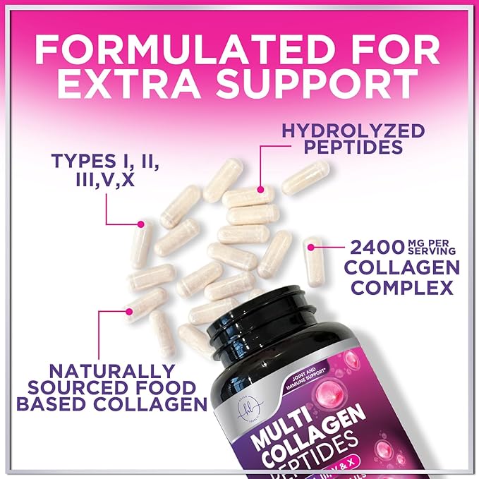 Multi Collagen Peptides Complex - Advanced Hydrolyzed Collagen Supplement Pills with Type I, II, III, V & X - Hair, Skin, Nail & Joint Support Supplement for Women & Men - USA Bottled - 60 Capsules