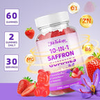 Saffron Supplements Gummies for Kids & Adults Vision, Zzz, Focus & Cortisol with Ashwagandha, L-Theanine, Rhodiola Rosea, St.John's Wort, Lemon Balm, Vitamin D3, B6, Magnesium & Zinc, Strawberry, 60Ct