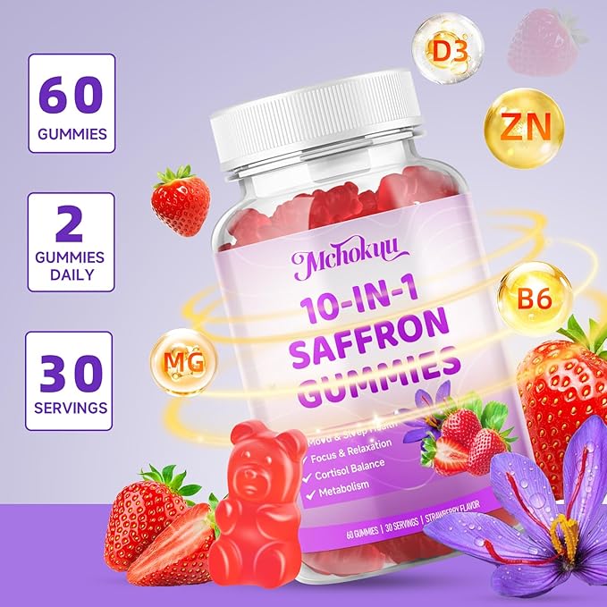 Saffron Supplements Gummies for Kids & Adults Vision, Zzz, Focus & Cortisol with Ashwagandha, L-Theanine, Rhodiola Rosea, St.John's Wort, Lemon Balm, Vitamin D3, B6, Magnesium & Zinc, Strawberry, 60Ct