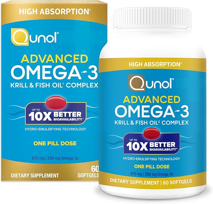 Qunol Advanced Omega 3 Krill and Fish Oil Complex, 10x Better Bioavailability, One Pill Dose, 250mg EPA & DHA, Supports Brain, Eye, Heart and Joint Health, 60 Count (Pack of 1)