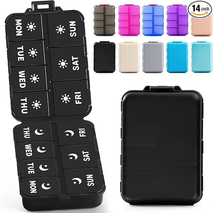 Foldable & Portable Weekly Pill Organizer 2 Times a Day with Clear Printed Labels - 7 Day AM PM Medicine Box, Week Daily Travel Pill Meds Case Holder for Medications, Vitamin, Supplement - Black
