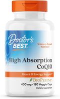 Doctor's Best High Absorption CoQ10 400mg with BioPerine Supplement - Coenzyme Q10 Caps for Heart Health & Antioxidant Support, CoQ10 400 mg for Women & Men, Non GMO - 180 Veg Capsules