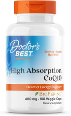 Doctor's Best High Absorption CoQ10 400mg with BioPerine Supplement - Coenzyme Q10 Caps for Heart Health & Antioxidant Support, CoQ10 400 mg for Women & Men, Non GMO - 180 Veg Capsules