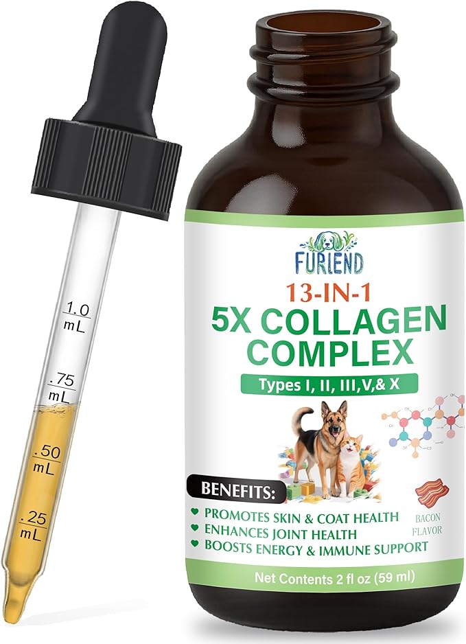 Premium 5X Organic Liquid Collagen for Dogs and Cats | No Chicken | Types I, II, III, V & X Collagen Peptides, MSM and Biotin for Joint, Skin, Coat Health & Immunity | Bacon Flavor 2 fl oz