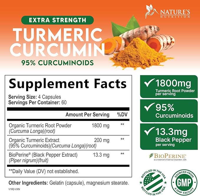 Turmeric Curcumin Supplement - 1800mg Organic Turmeric Per Serving - 95% Curcuminoids & BioPerine Black Pepper Extract for Best Absorption - Natural Vegan Joint Support, Bottled in USA - 240 Capsules