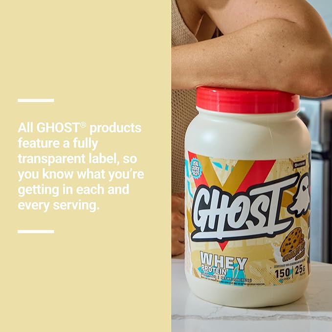 GHOST Whey Protein Powder, Chocolate Chip Cookies - 2LB, 25G of Protein - Whey Protein Isolate & Concentrate Blend - ­Post Workout Fitness & Nutrition Shakes with Real Cookie Pieces - Gluten-Free