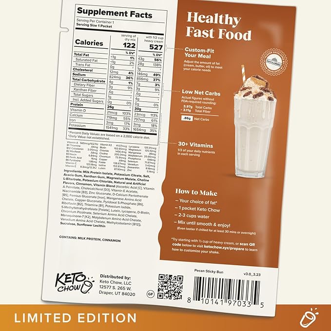 Keto Chow Pecan Sticky Bun | Keto Meal Replacement Shake Powder | Nutritionally Complete Keto Food | Low Carb Keto Meals | Delicious Easy Meal Substitute Drink | Protein Rich You Choose The Fat | Single Meal Sample