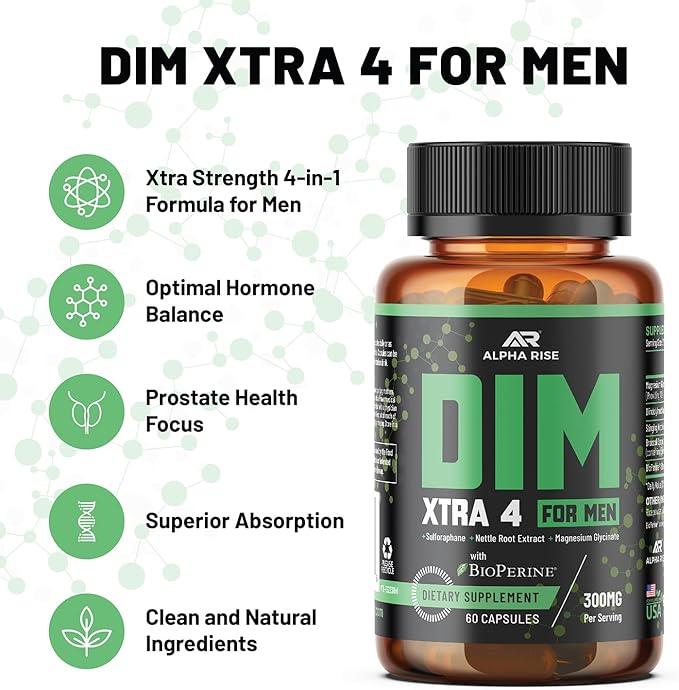 DIM XTRA 4 - 300 mg Estrogen Blocker for Men & Aromatase Inhibitor | Testosterone Hormone Restorer & Energy Booster | With Magnesium, Nettle and Sulforaphane Broccoli Extract