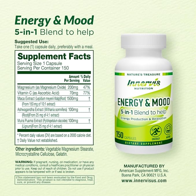 Energy & Mood Supplement – Boost Energy & Reduce Fatigue, Support Relaxation – 150 Capsules – Non-GMO, 3rd Party Tested – Innervis Nutrition