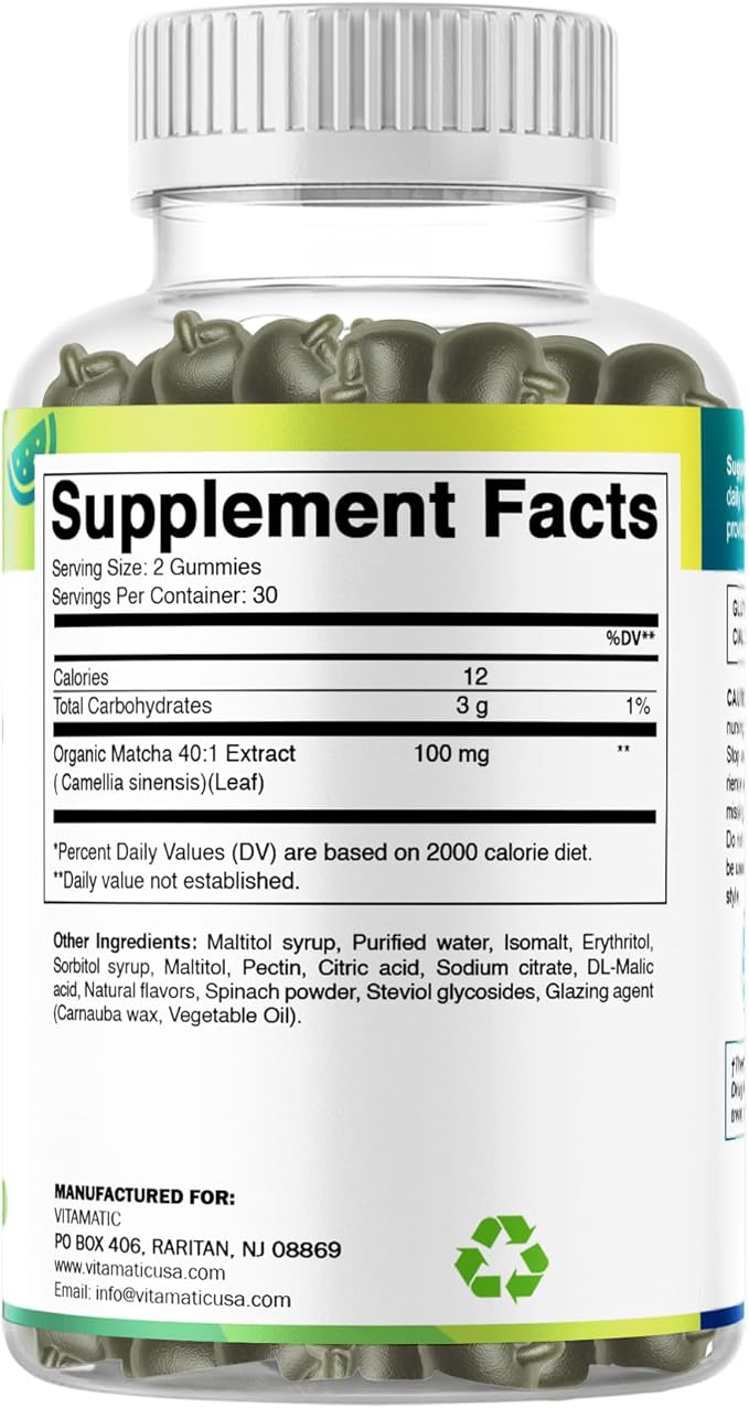 Vitamatic Matcha Gummies 60 Count | Strawberry & Watermelon Flavor - Non-GMO