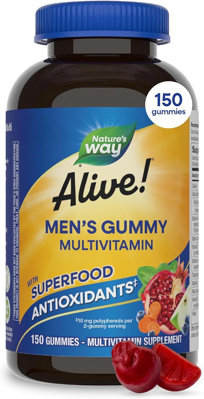 Nature’s Way Alive! Men’s Multivitamin Gummies, Daily Gummy Vitamin for Men, Supports Cellular Energy Metabolism, Immune Health, Muscle Function*, With Vitamins A, C, D3, Zinc, Vegetarian, 150 Count
