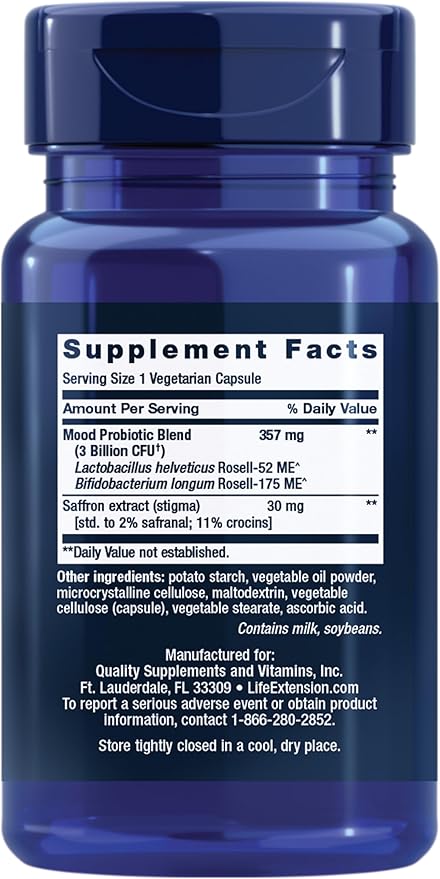 Life Extension FLORASSIST® Probiotic Mood Improve, probiotic and Saffron Blend enhances Mood and Mental Outlook, Non-GMO, Gluten-Free, 1 Daily, Vegetarian, 30 Capsules