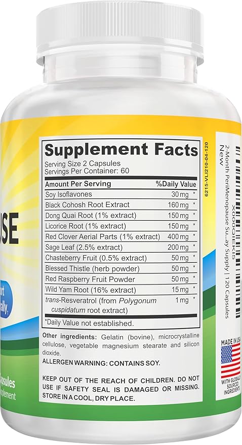 Perimenopause Support (2-Month) Supplement Blend | Women's Health & Hormone Support with 11 Herbs & Extracts | Female Hormonal Balance Supplements | 60-Day Bulk Supply | 120 Capsules