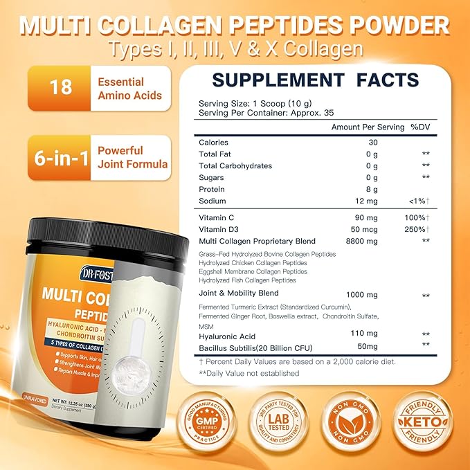 DRFOSTER Multi Collagen Peptides Powder for Women Men with MSM + CS & D3 - Type I, II, III, V, X Hydrolyzed Collagen with Vitamin C & Hyaluronic Acid for Skin Hair Nails & Joint, Non-GMO, 35 Servings