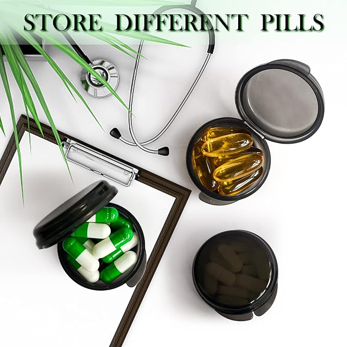 Pill Organizer for Pocket, Mini Pill Box for Pocket Purse, Portable Travel Pill Container, Small Secure Storage for Supplements & Daily Care (Black-Pink-Blue 6 PCS)