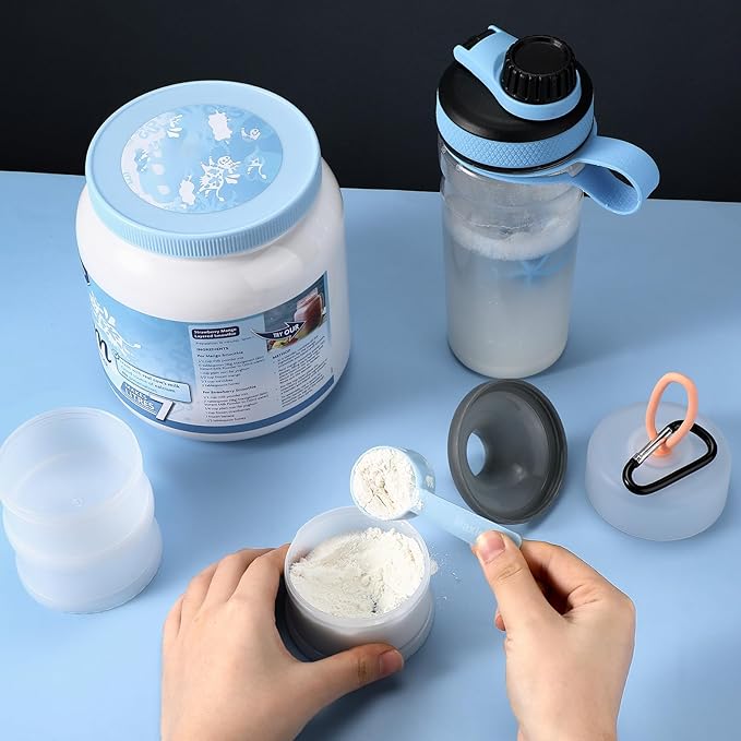 Baderke 2 Pcs Protein Powder Container with Funnels Stand, 4 Stackable Leakproof Protein Powder Dispenser, Portable Keychain Powder Container for Workout, Fitness, Travel(White)