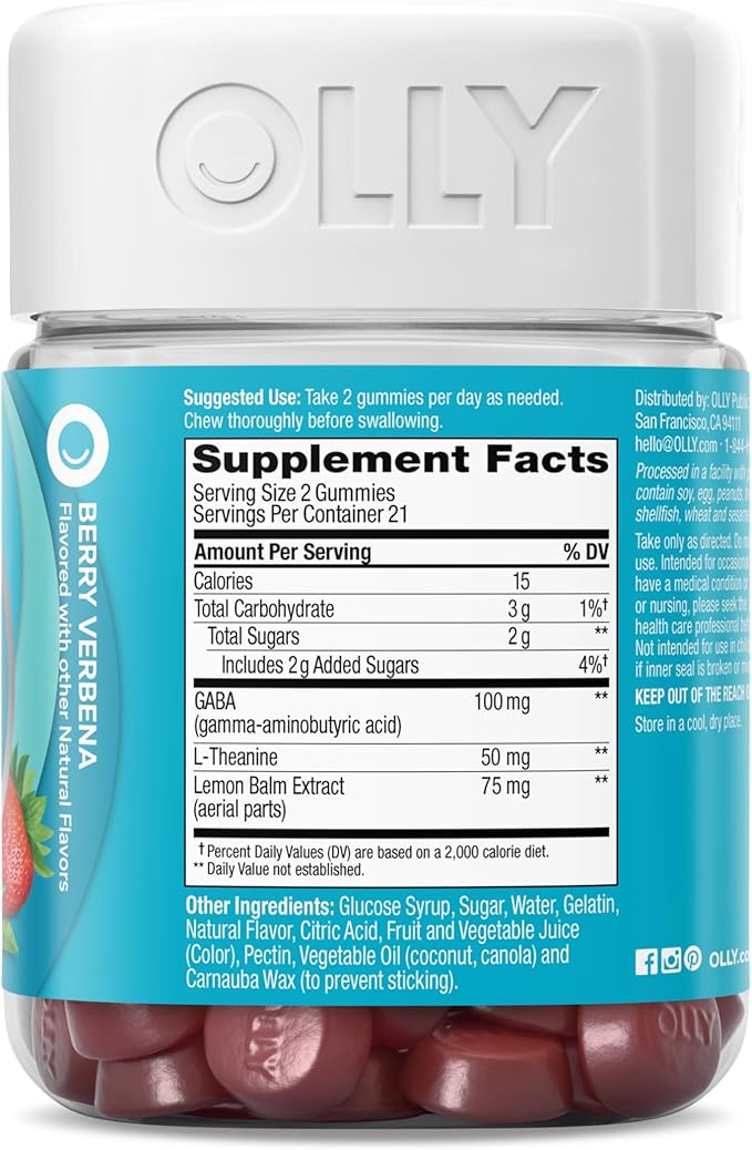 OLLY Goodbye Stress Gummy, GABA, L-Theanine, Lemon Balm, Stress Relief Supplement, Berry - 42 Count